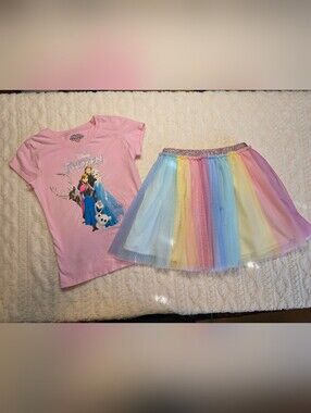 Disney Frozen Tee & Rainbow Tulle Skirt Outfit Set Mixed Sizes Girls